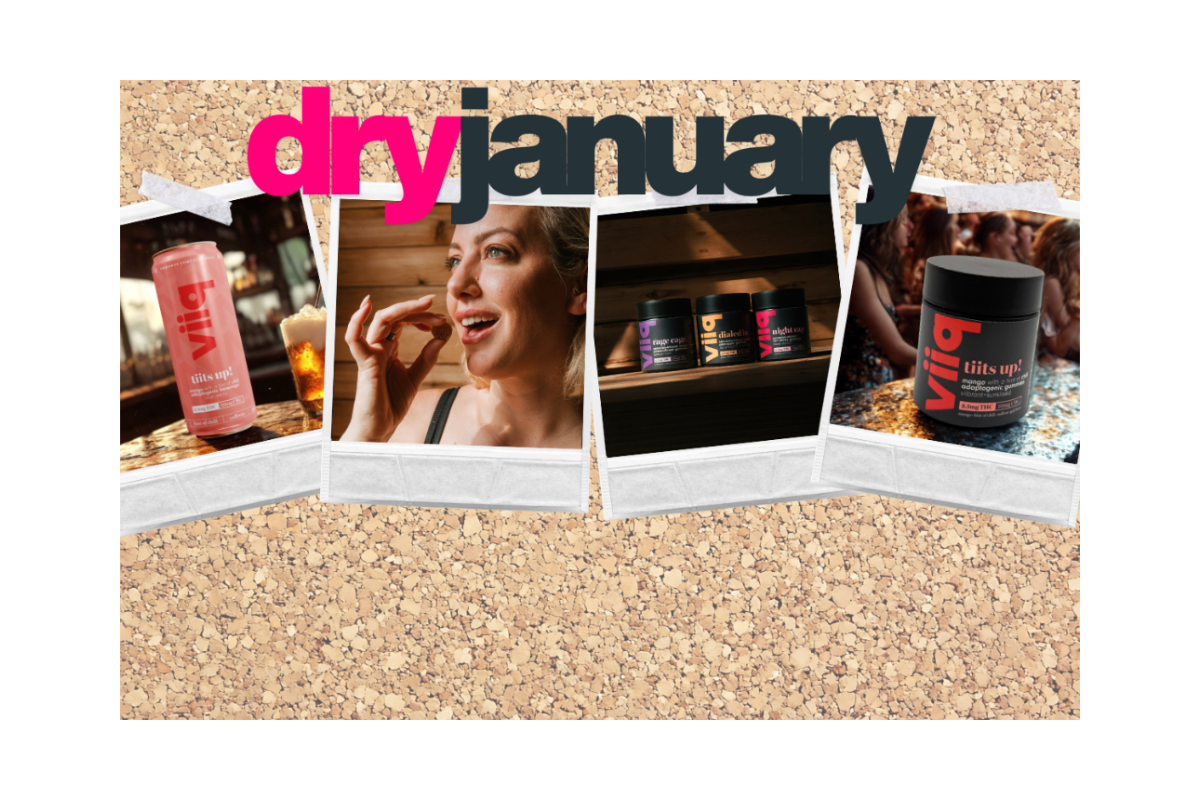 Promotional graphic for Dry January with images of a woman and viiq products on a corkboard background.