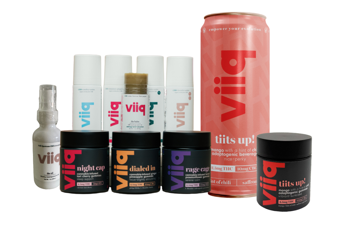 Collection of viiq products including bottles, cans, and containers on a white background
